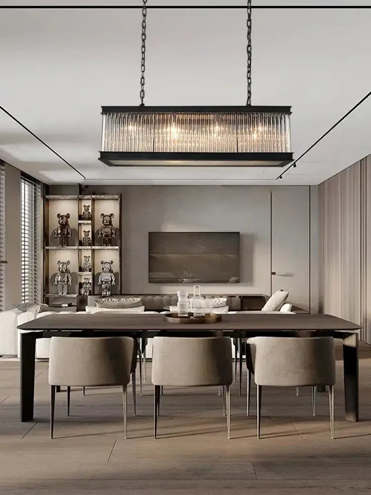 Black-framed rectangular pendant light with vertical black crystal glass rods and chain suspension for elegant decorbites black crystal dining room decor