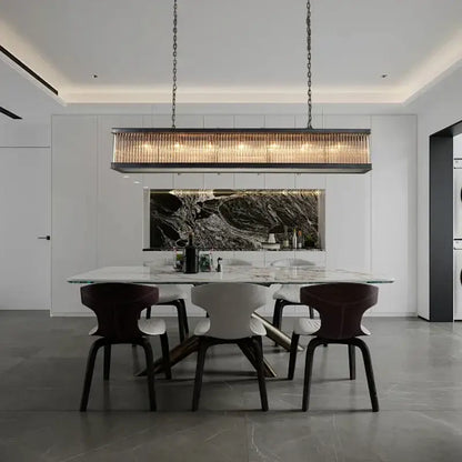 Retro black crystal glass rectangle chandelier pendant with dark metal frame and amber glow for dining room decorbites black crystal