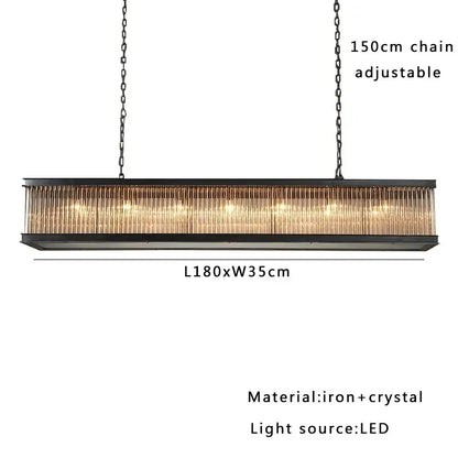 Rectangular black iron chandelier with vertical crystal glass rods and led lighting for dining room decorbites black crystal