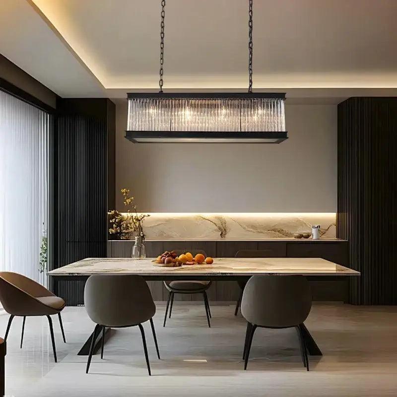 Retro black crystal glass rectangle chandelier with black-framed cascading crystal strands for dining room decorbites black crystal
