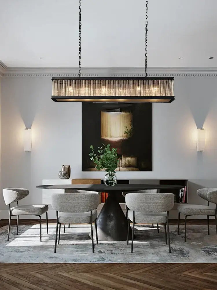 Retro black crystal glass rectangle chandelier with black metal frame and vertical rods for dining room decorbites black crystal