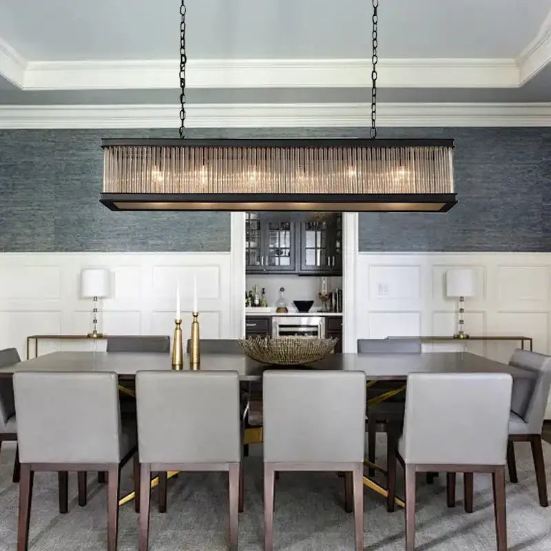 Retro black decorbites crystal rectangle pendant light with vertical glass rods and chain suspension for dining room