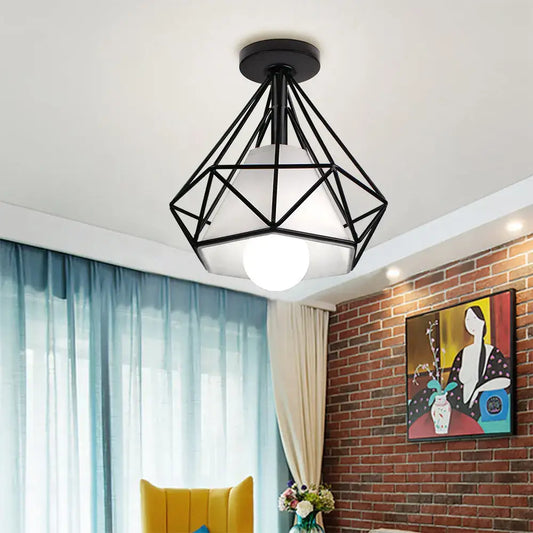 Retro black geometric metal ceiling light fixture with white frosted glass shade for kitchen ceiling light