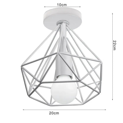 White geometric metal wire cage ceiling light fixture with frosted bulb for retro kitchen lighting