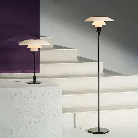 Retro black floor lamp with layered translucent white glass shade led for living room lighting