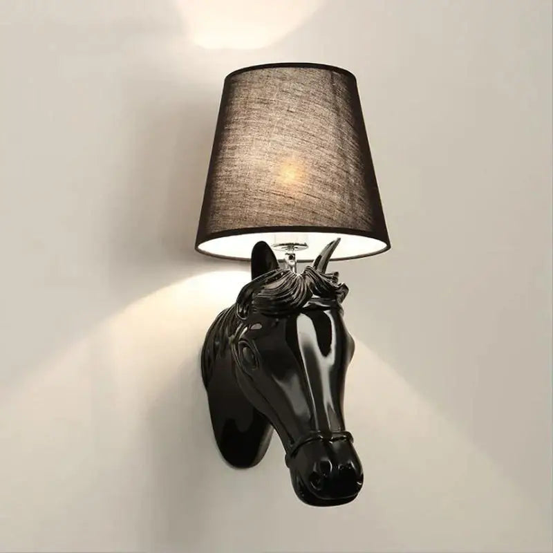 Retro black ceramic horse wall lamp with dark brown textured lampshade for bedroom decorbites horse wall sconce
