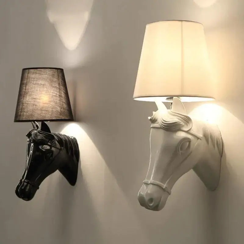 Two ceramic horse wall lamps in black and white with lampshades for retro bedroom decorbites horse wall decor