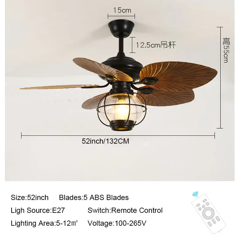 A 52-inch retro fan light with five ABS blades, black iron frame, illuminated bulb, and remote control for living room