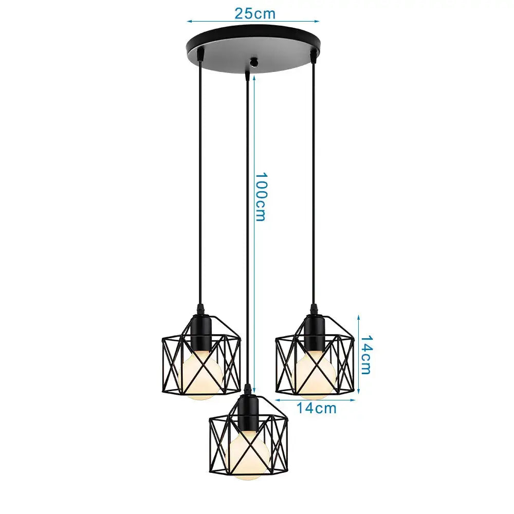 Black metal pendant light with retro iron frame and three geometric cube shades for kitchen decorbites iron frame