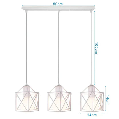 White geometric pendant light fixture with three lantern-style shades and black iron frame for kitchen decorbites iron frame
