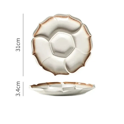 Decorbites ceramic dinner plate with lotus flower design in white beige on retro black speckled ceramic platter