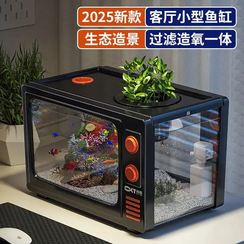 Retro black tv desktop fish tank with transparent glass sides and orange control knobs for decorbites desktop fish use