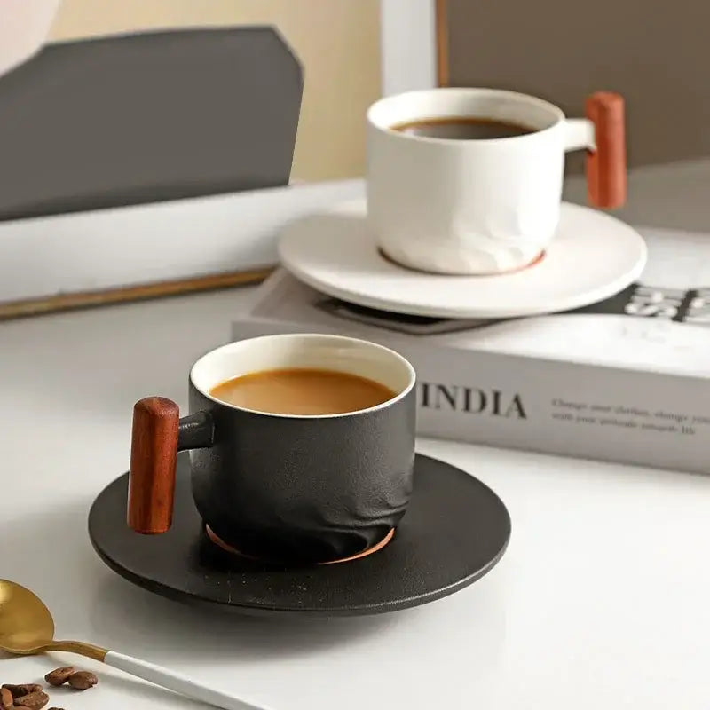 Black ceramic coffee cup with wooden handle and matching saucer from decorbites 130ml blue kitchen set