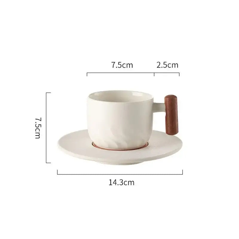 White ceramic coffee cup with wooden handle and matching saucer decorbites 130ml blue retro kitchen set