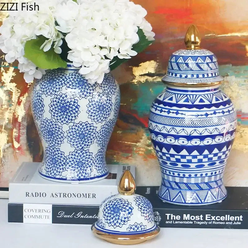 Retro blue and white porcelain ginger jar with gold tips featuring intricate geometric and floral patterns decorbites blue porcelain ginger jar
