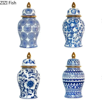 Retro blue and white porcelain ginger jars with gold tipped lids featuring unique floral and geometric patterns decorbites blue