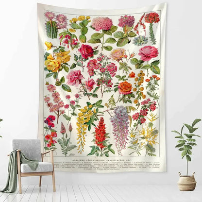 Vintage-style retro boho botanical map tapestry with colorful detailed flowers on off-white fabric for living room wall hanging