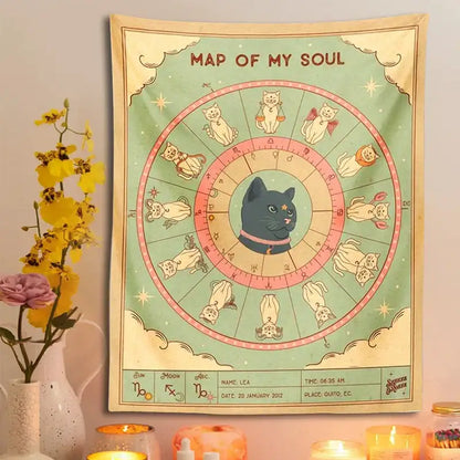 Retro boho mint green decorbites cat tapestry with black starry eyed cat and zodiac sign cats for living room decor