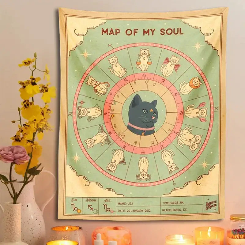 Retro boho mint green decorbites cat tapestry with black starry eyed cat and zodiac sign cats for living room decor