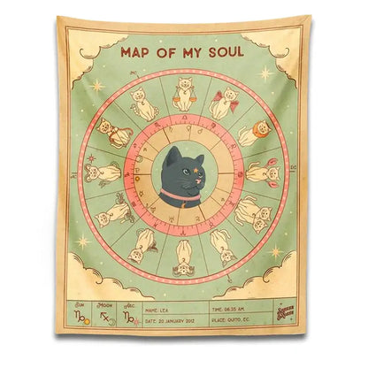 Retro boho living room decorbites cat tapestry with a black cat and zodiac signs on mint and cream tapestry
