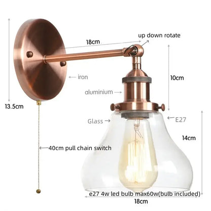 Copper-finished retro brass and glass wall sconce with clear shade and e27 led bulb for decorbites gold led wall decor