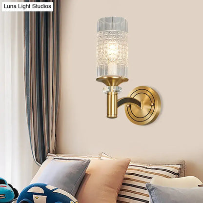Retro brass gridded crystal wall light with brass finish and faceted clear glass shade for living room sconce lighting