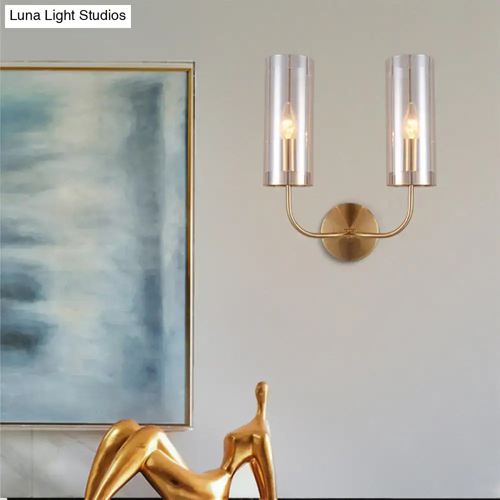 Modern retro brass wall mount lamp with two cylindrical smoked glass shades for living room lighting
