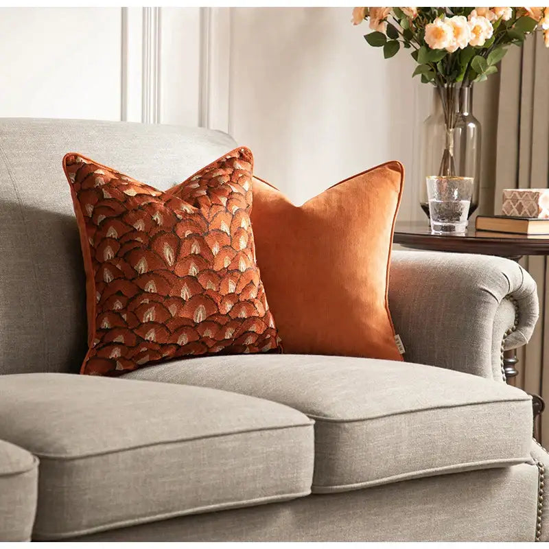 Orange velvet retro brick red embroidered geometry pillow case with textured feather pattern for living room cushion
