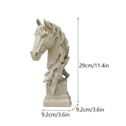 Detailed gray resin horse head statue with textured mane and base for retro bronze and beige living room decor