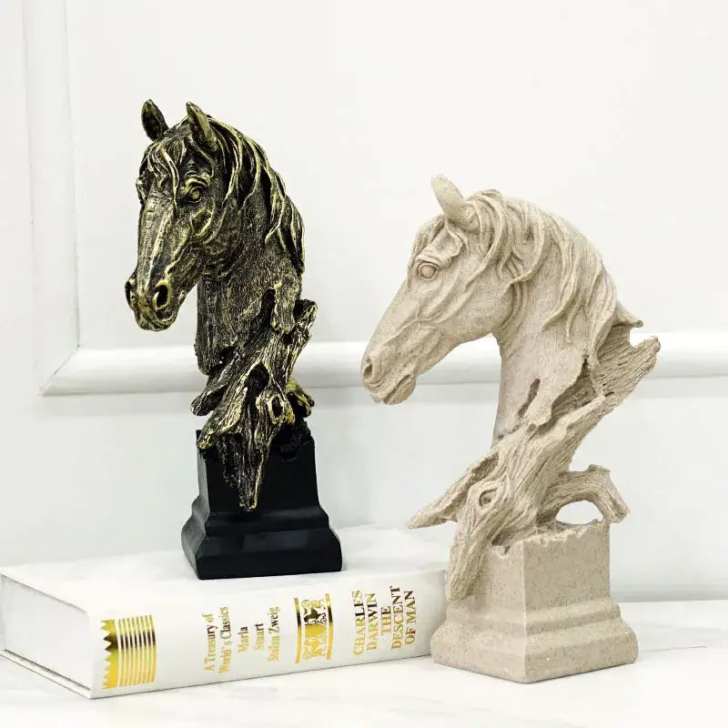 Two horse head statues featuring a retro bronze black finish and beige resin tree root texture for living room decor