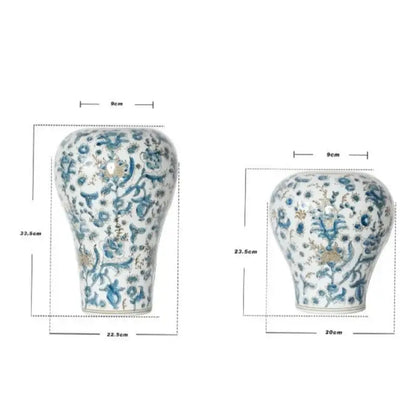 Two white porcelain ceramic vases with blue and gold floral patterns retro chinese style decorbites blue set