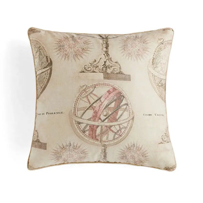 Beige pillow cover with vintage astronomical design and pink gray celestial globe tassels decorbites circus retro throw decor
