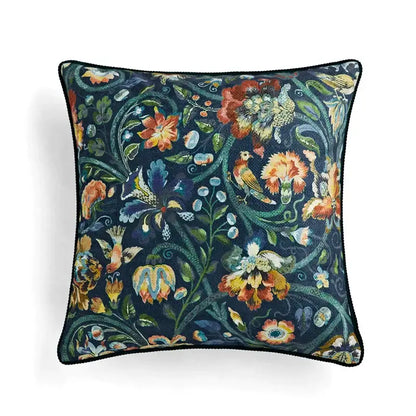 Retro circus cream pillow cover with tassels featuring vibrant floral and bird patterns on a navy background decorbites circus retro decor