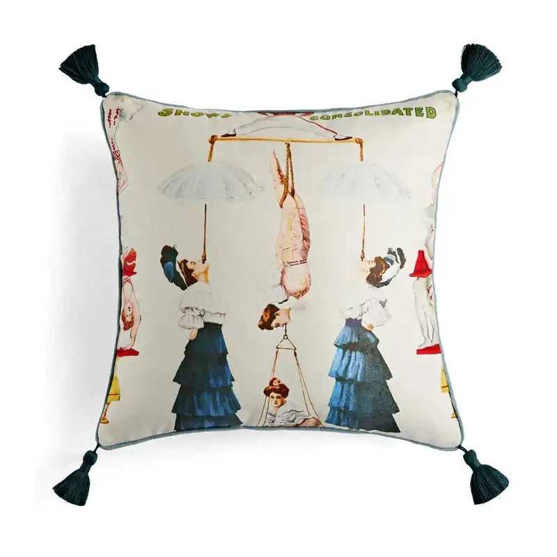Retro circus cream pillow cover with vintage print and dark teal tassels for decorbites circus retro throw decor