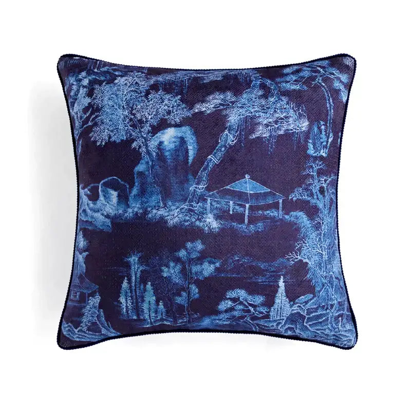 Square pillow cover with blue and navy oriental landscape design featuring pagodas and tassels for decorbites circus retro decor