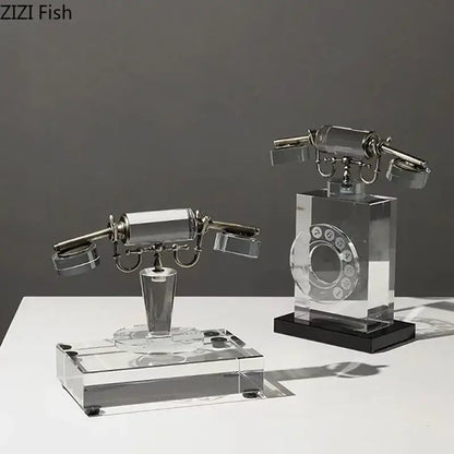 Retro clear crystal telephone sculpture with silver accents and rotary dial design for office desk decor