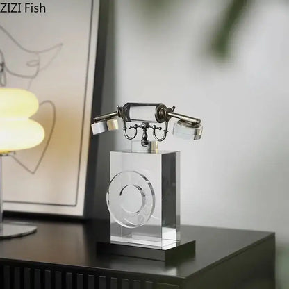 Retro clear crystal telephone sculpture with metallic handset and circular dial for office desk decor