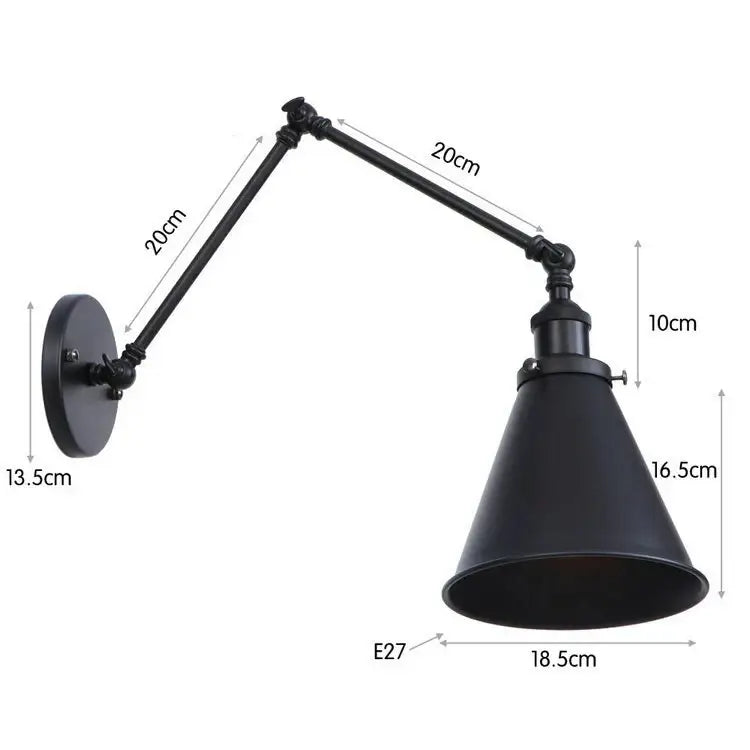 Black matte finished industrial wall lamp with adjustable arm and conical shade decorbites iron loft retro style