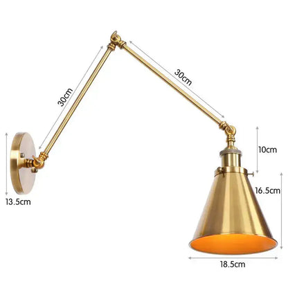 Brass-finished adjustable wall lamp with conical shade and articulated arm for decorbites iron loft retro bedroom sconce