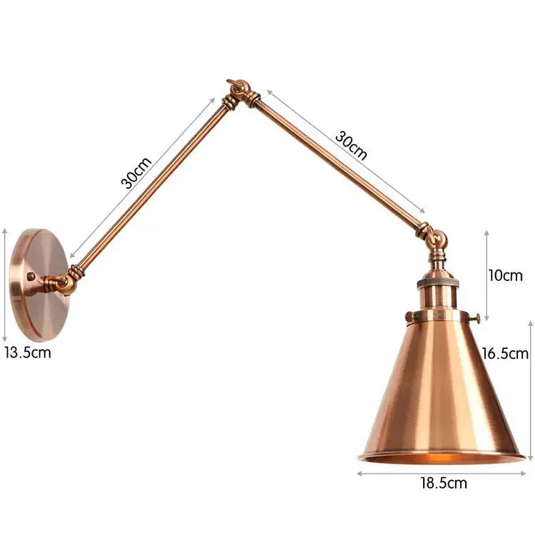 Vintage-style copper wall lamp with adjustable articulated arm and conical shade for decorbites iron loft retro decor