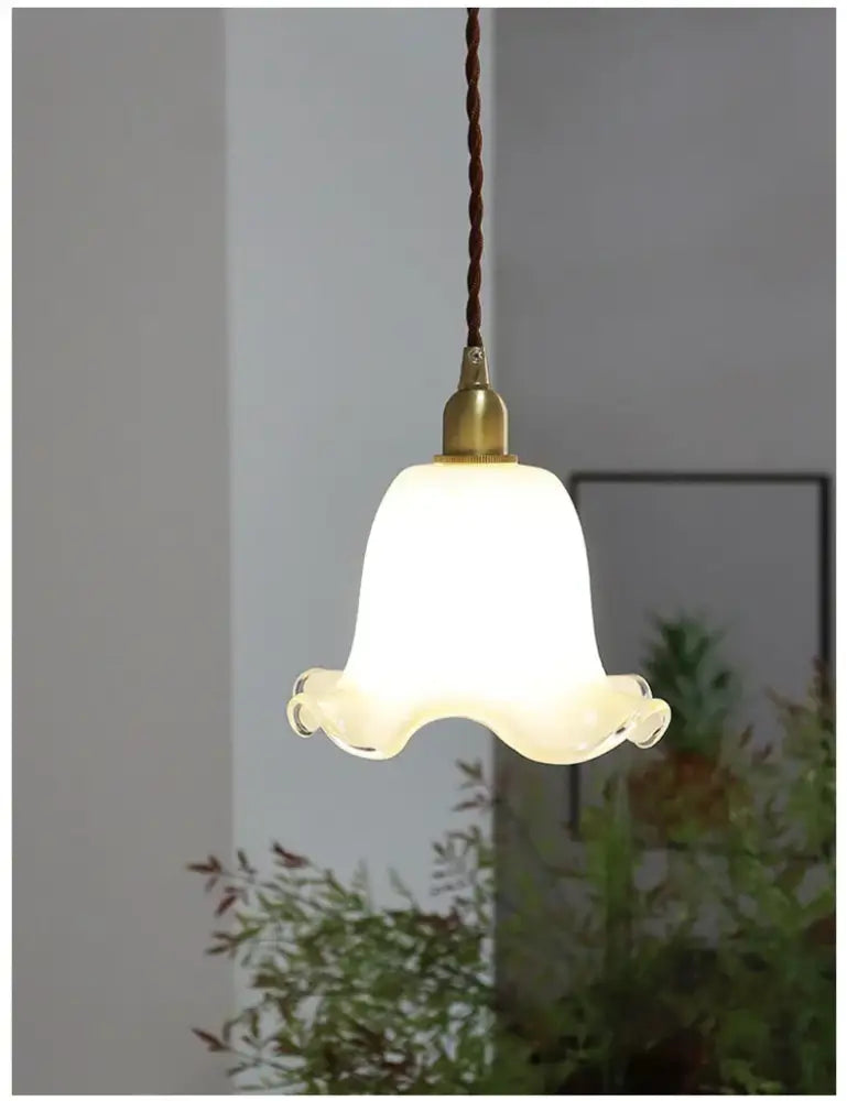 Retro cream glass led pendant lamp with ruffled bell-shaped shade and brass finish for kitchen lighting