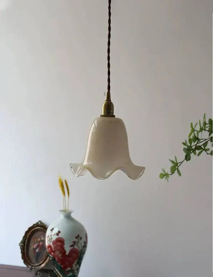Retro cream glass led pendant lamp with fluted bell-shaped shade and twisted cord ideal as a kitchen pendant lamp