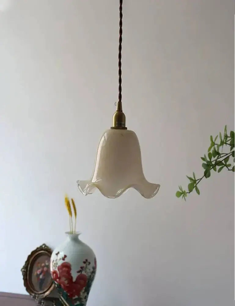 Retro cream glass led pendant lamp with fluted bell-shaped shade and twisted cord ideal as a kitchen pendant lamp