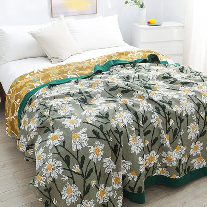 Retro daisy olive and teal cotton throw blanket with white daisies and solid teal border from decorbites cotton throw collection
