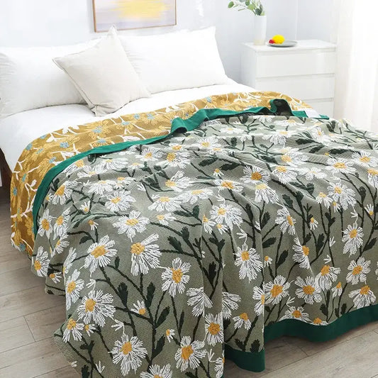 Retro daisy olive and teal cotton throw blanket with white daisies and solid teal border from decorbites cotton throw collection