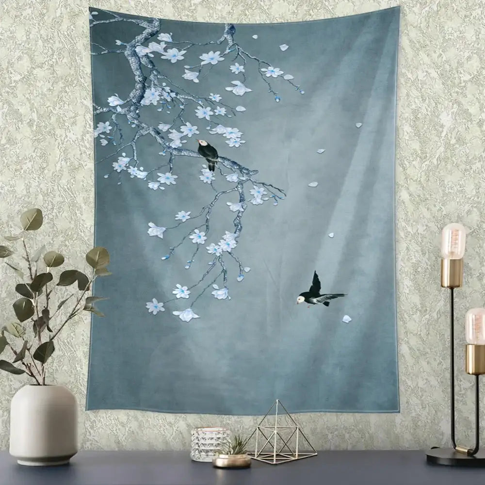 Soft teal bedroom tapestry with delicate white blossoms and black birds for decorbites flying crane wall hanging decor