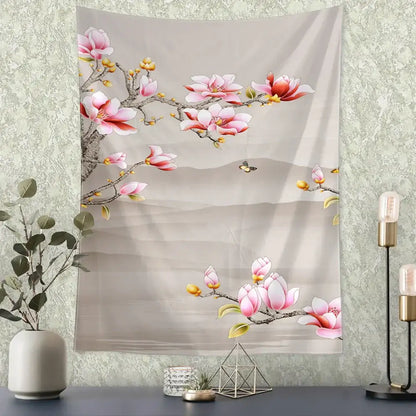 Beige wall tapestry with pink magnolia blossoms and golden buds featuring a butterfly decorbites flying crane wall hanging