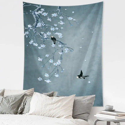 A soft gray crane wall hanging with delicate white blossoms and black and white birds in retro flying crane wall decor
