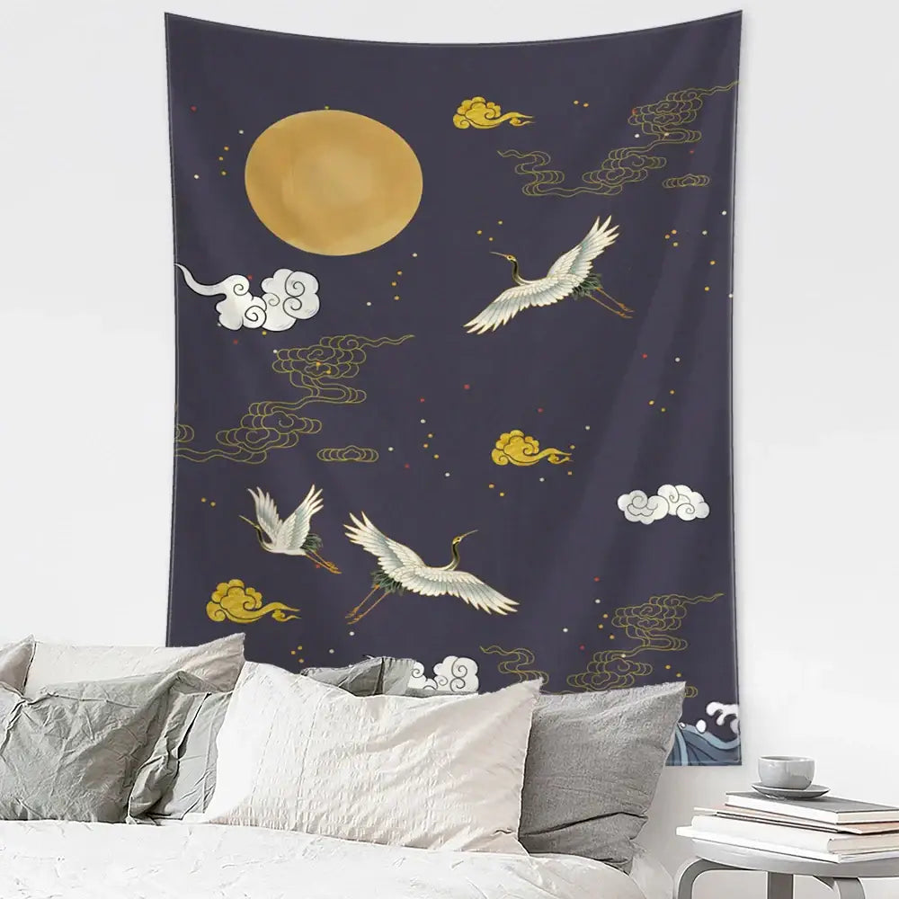 Retro dark blue and gold flying crane wall hanging tapestry featuring white cranes and golden clouds for bedroom decorbites flying crane decor