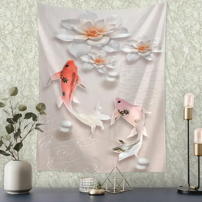 A soft pink and white tapestry with three-dimensional koi fish and lotus flowers for decorbites flying crane wall decor